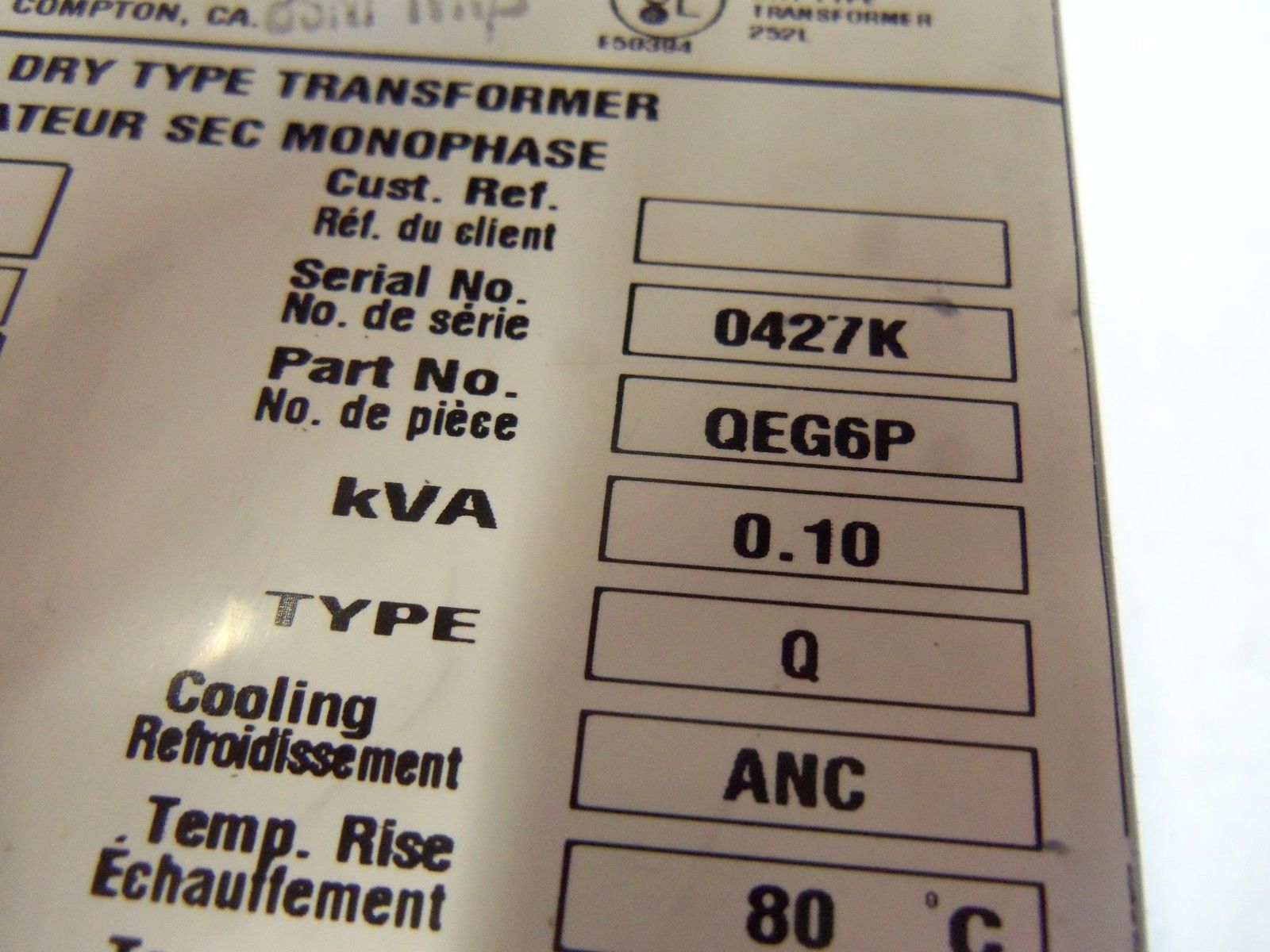 HAMMOND SINGLE PHASE DRY TRANSFORMER QEG6P UNMP