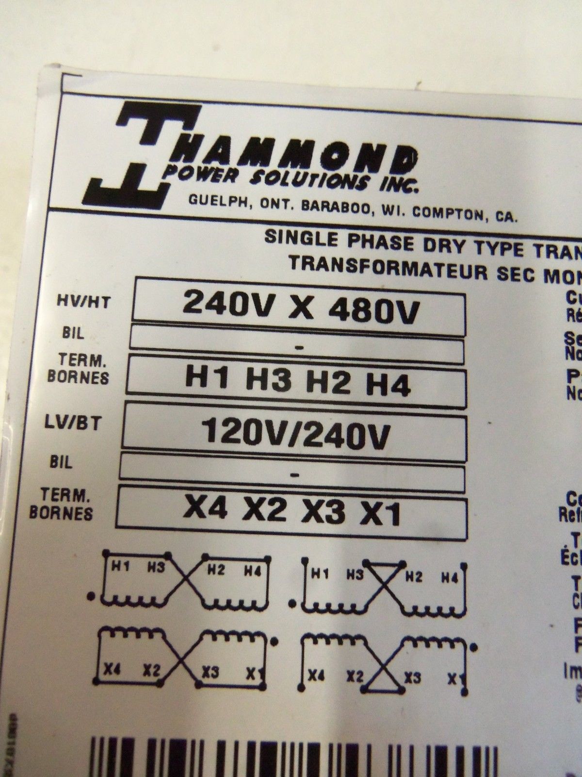 HAMMOND SINGLE PHASE TRANSFORMER QEH6P NSNP