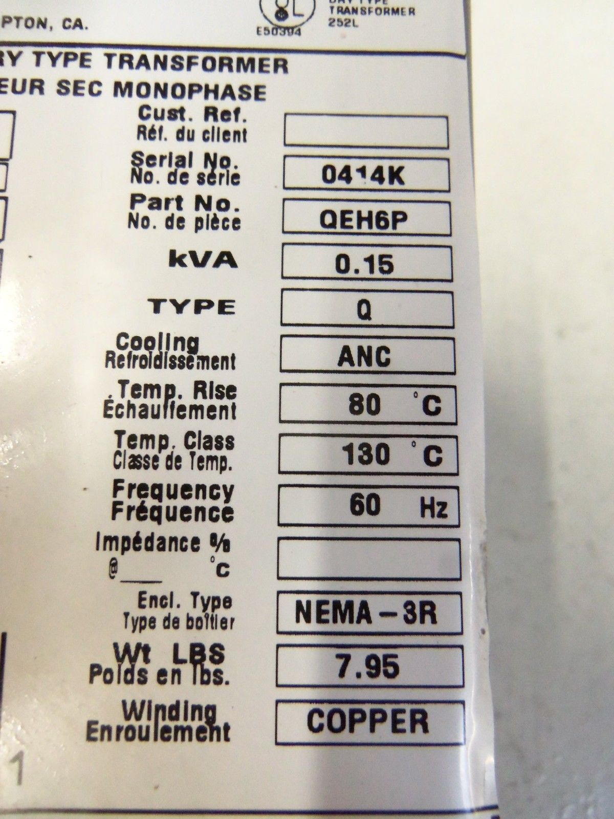 HAMMOND SINGLE PHASE TRANSFORMER QEH6P NSNP