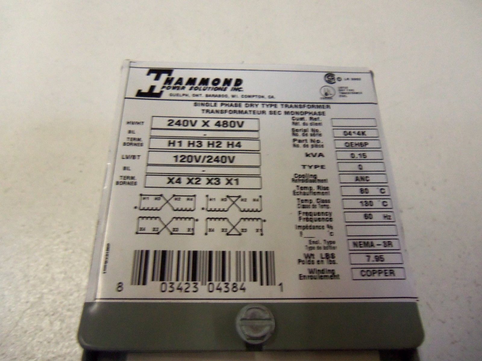 HAMMOND SINGLE PHASE TRANSFORMER QEH6P NSNP