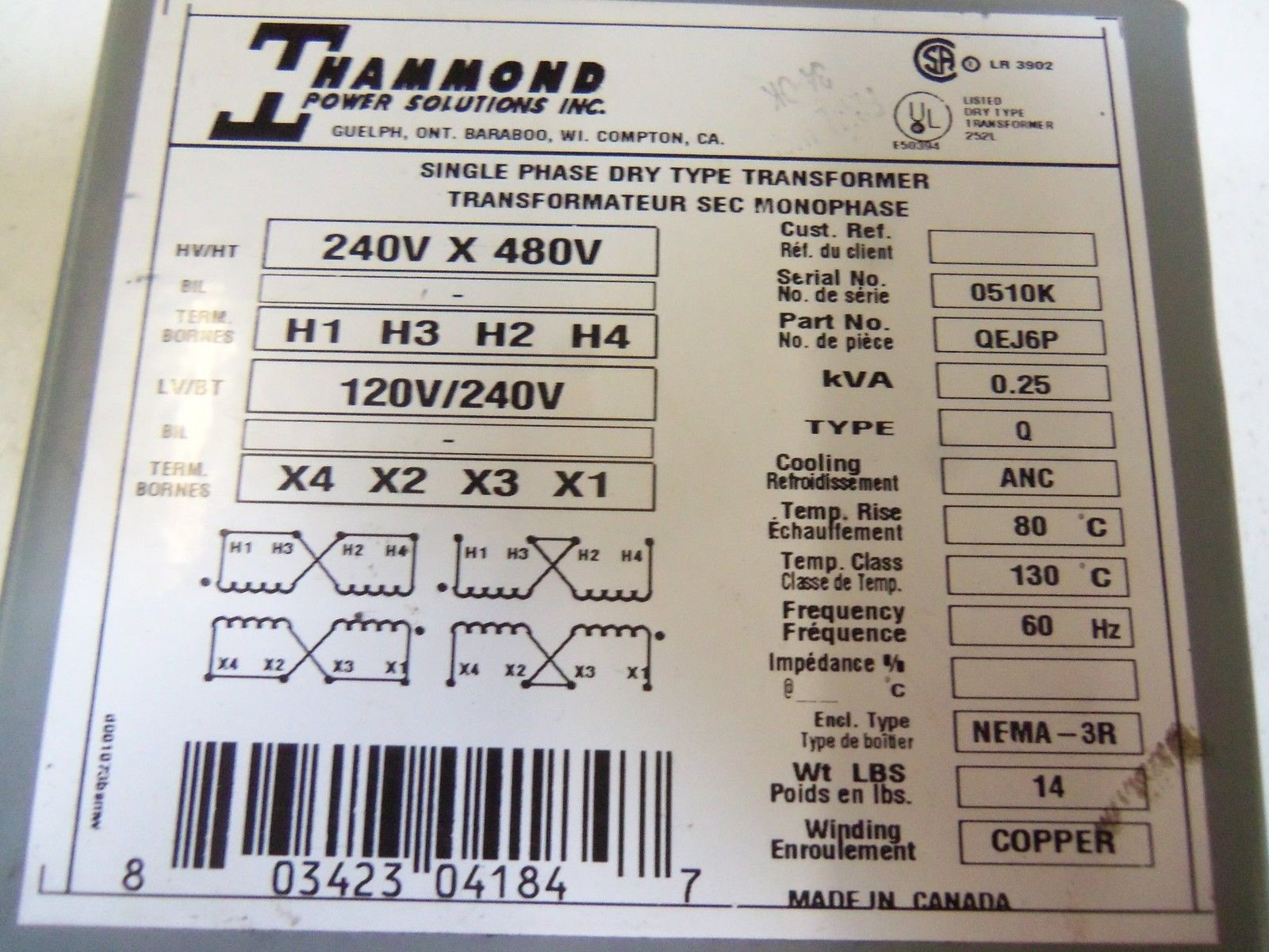 HAMMOND SINGLE PHASE DRY TRANSFORMER QEJ6P UNMP