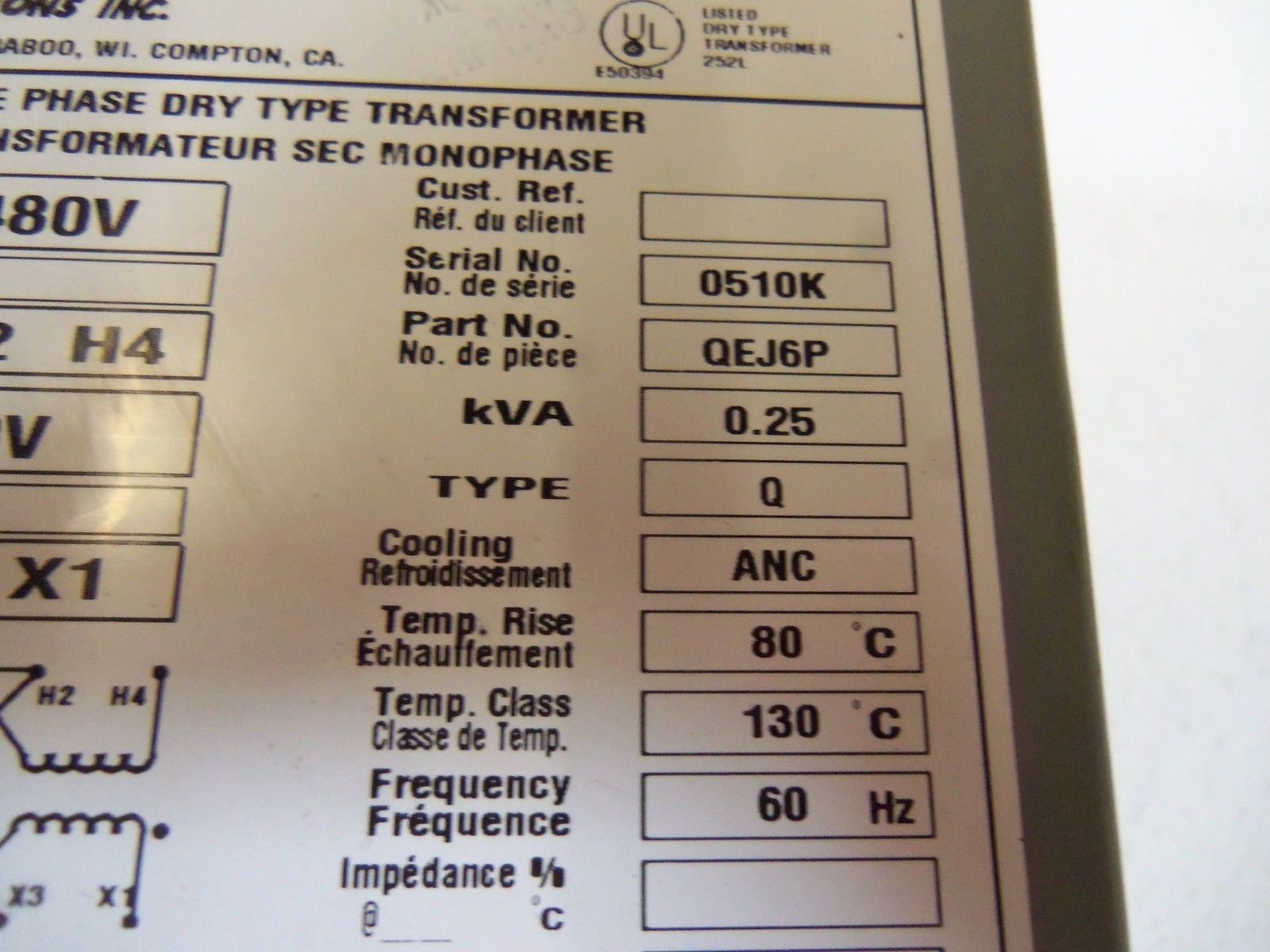 HAMMOND SINGLE PHASE DRY TRANSFORMER QEJ6P UNMP