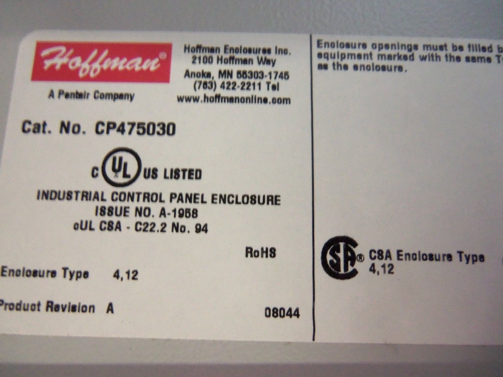 HOFFMAN CP475030 ENCLOSURE UNMP