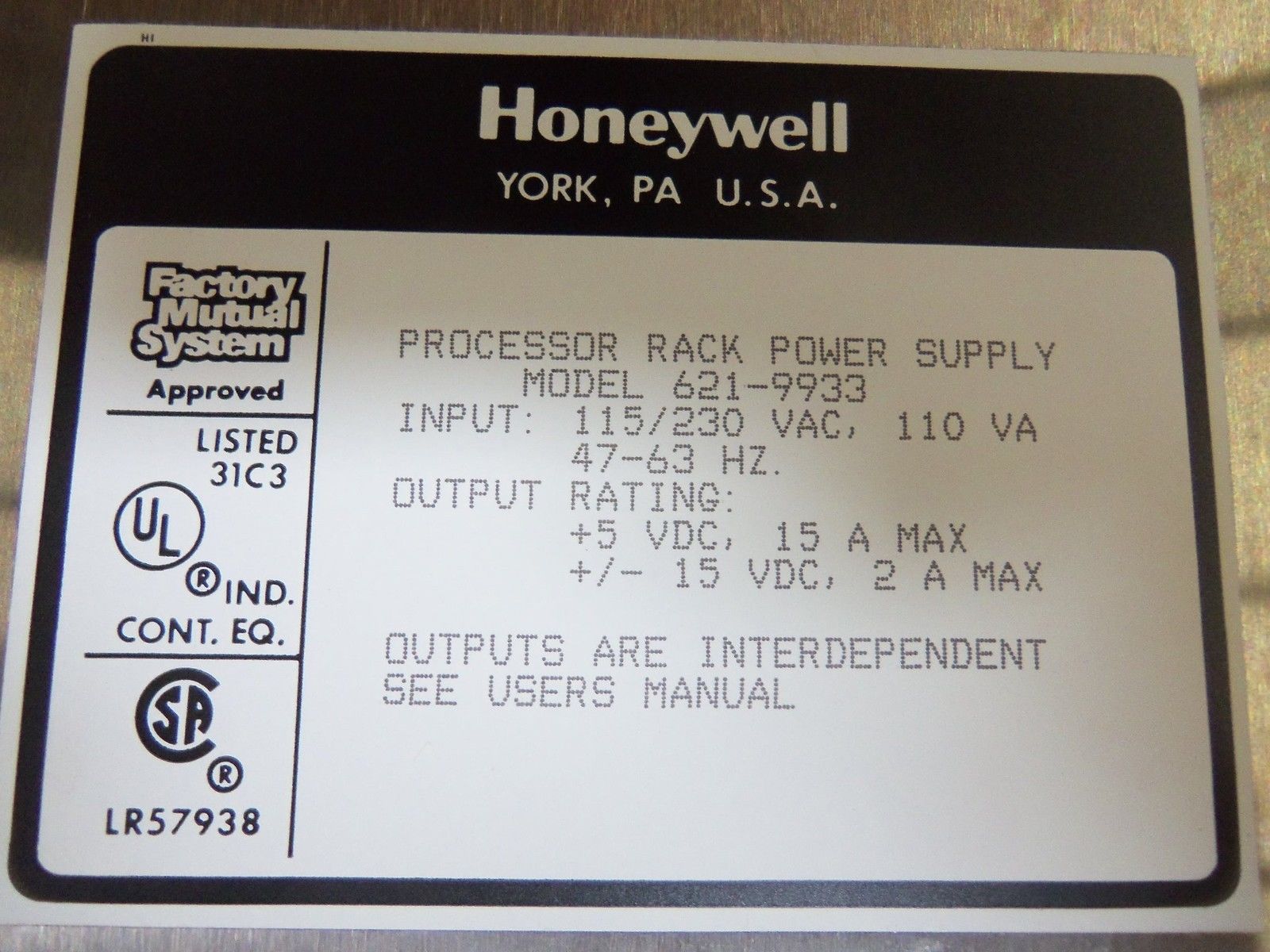 HONEYWELL 621-9933 RACK POWER SUPPLY NSMP