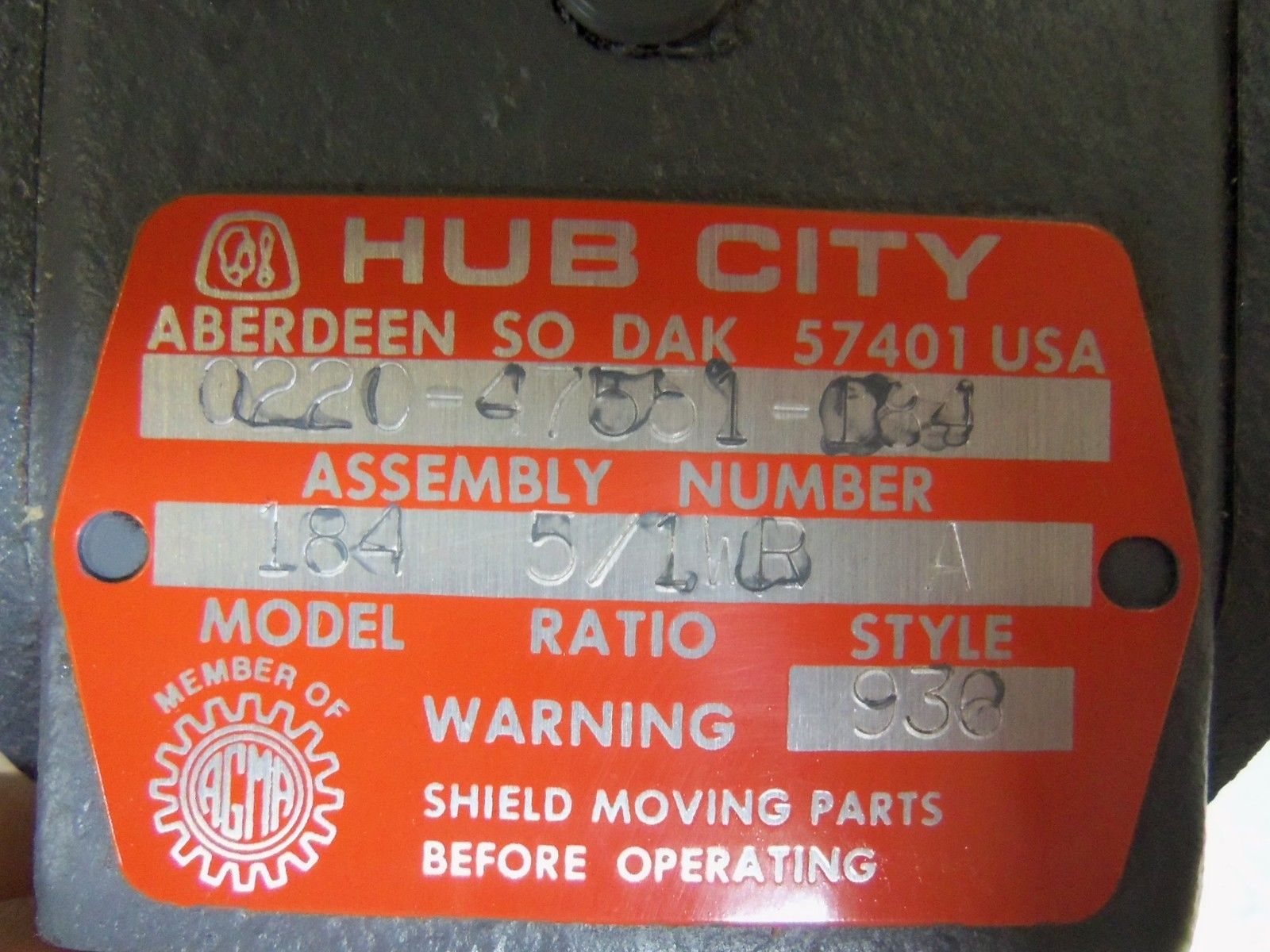 HUB CITY 0220-47551-184 GEAR DRIVE UNMP