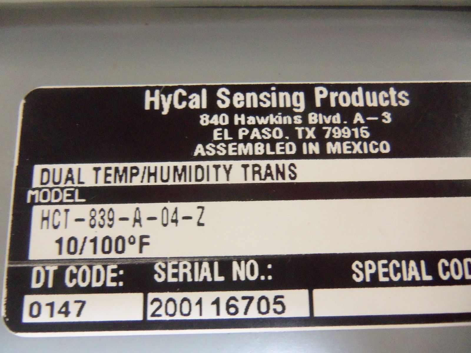 HYCAL SENSING HCT-839-A-04-Z DUAL TEMP/HUMIDITY TRANS 10/100 NSMP