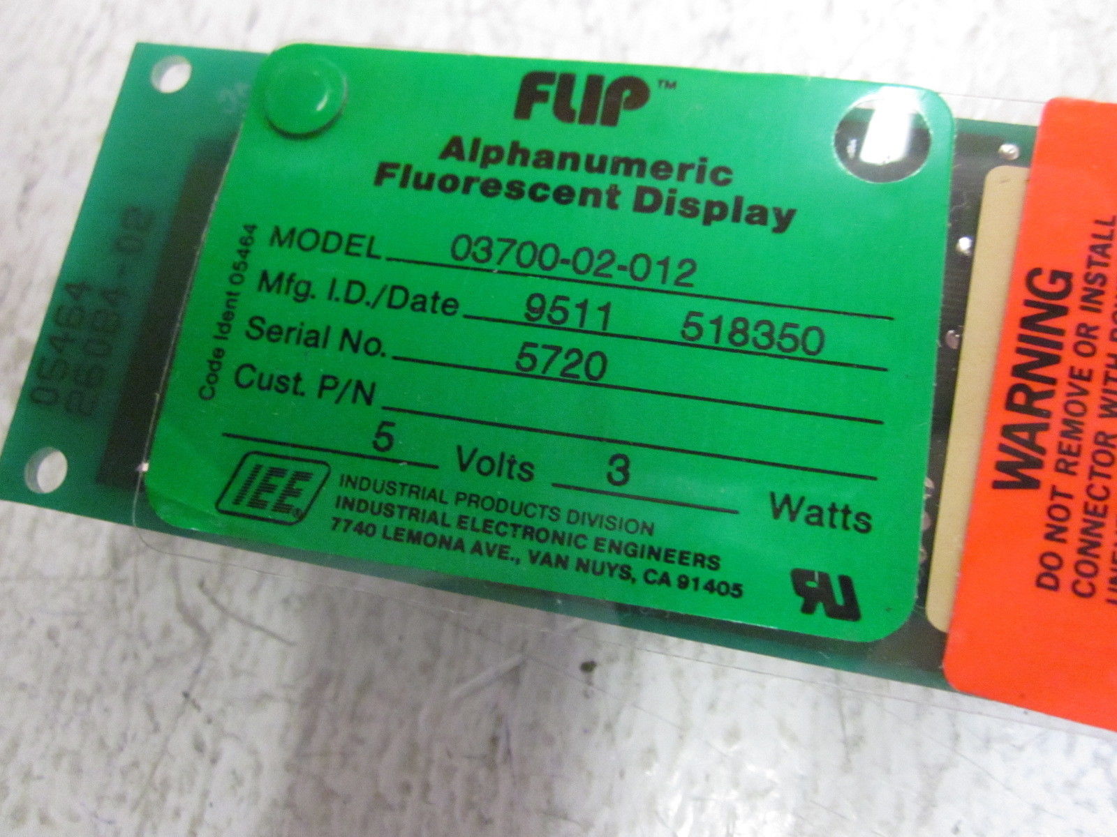 IEE 03700-02-012 ALAPAHNUMERIC FLOURESCENT DISPLAY UNMP