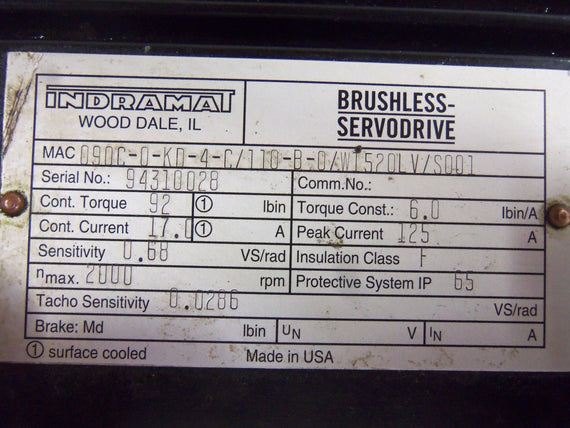 INDRAMAT MAC090C-0-KD-4-C/110-B-0/WI520LV/S001 SERVO MOTOR *USED*