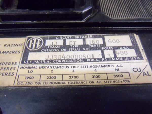 ITE JJ3B40000S01 CIRCUIT BREAKER 400AMPS UNMP