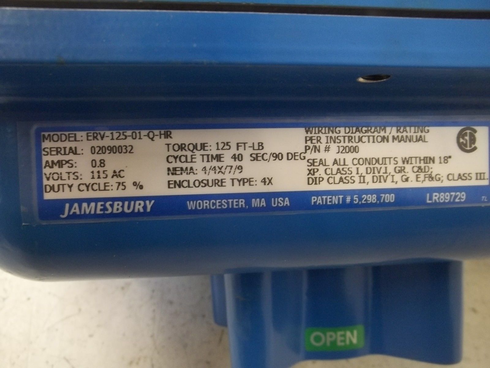 JAMESBURY ERV-125-01-Q-HR ACTUATOR VALVE UNMP