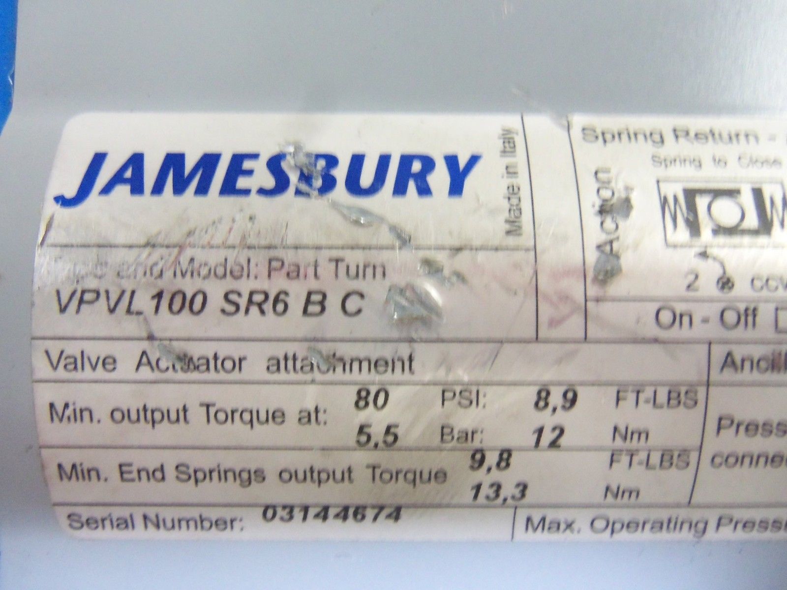 JAMESBURY VPVL100SR6BC ACTUATOR UNMP