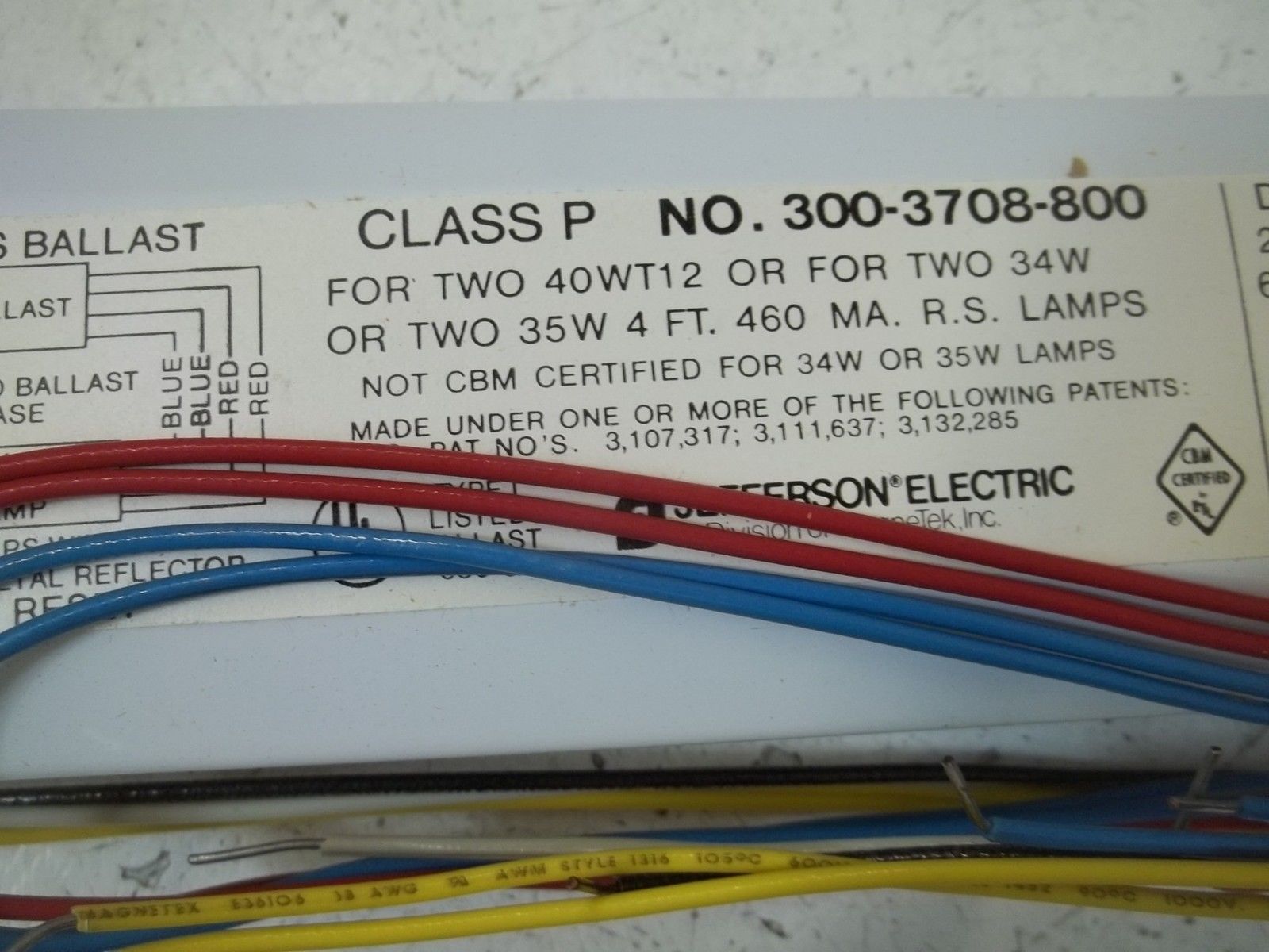 JEFFERSON ELECTRIC 300-3708-800 FLUORESCENT LAMP BALLAST 227V NSMP