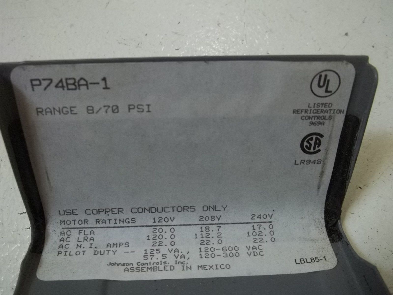 JOHNSON CONTROLS P74BA-1 DIFFERENTIAL PRESSURE CONTROL UNMP