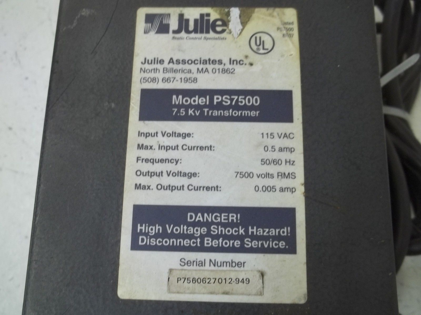 JULIE ASSOCIATES, INC. PS7500 TRANSFORMER UNMP