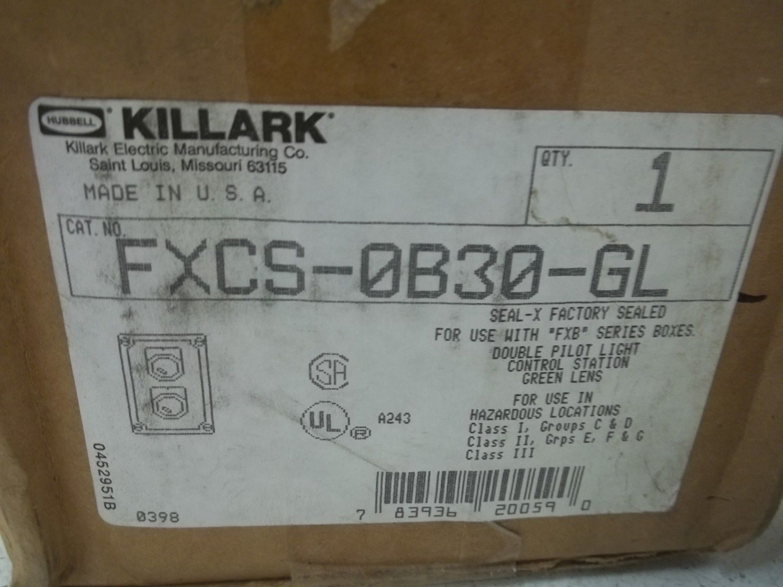 KILLARK FXCS-OB30-GL DOUBLE PILOT LIGHT CONTROL STATION GREEN LENSNSMP