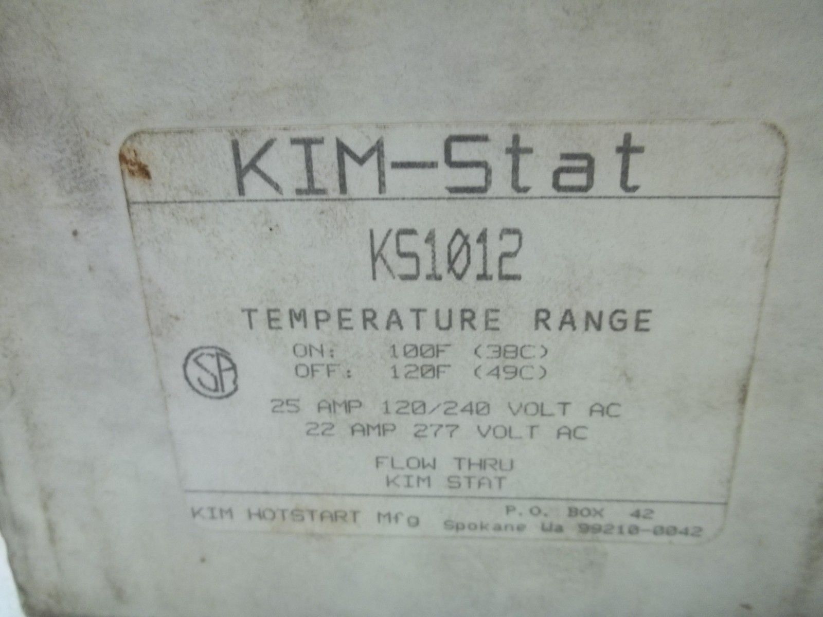 KIM-STAT KS1012 TEMPERATURE RANGE ON:100F(38C) OFF:120F(49C) UNMP