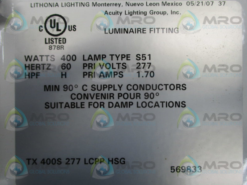 LITHONIA LIGHTING TX-400S-277-LCPD-HSG LIGHT FIXTURE  NSMP