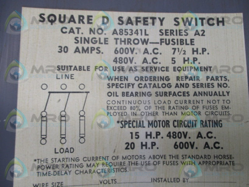SQUARE D A85341L SER. A2 SAFETY SWITCH  UNMP