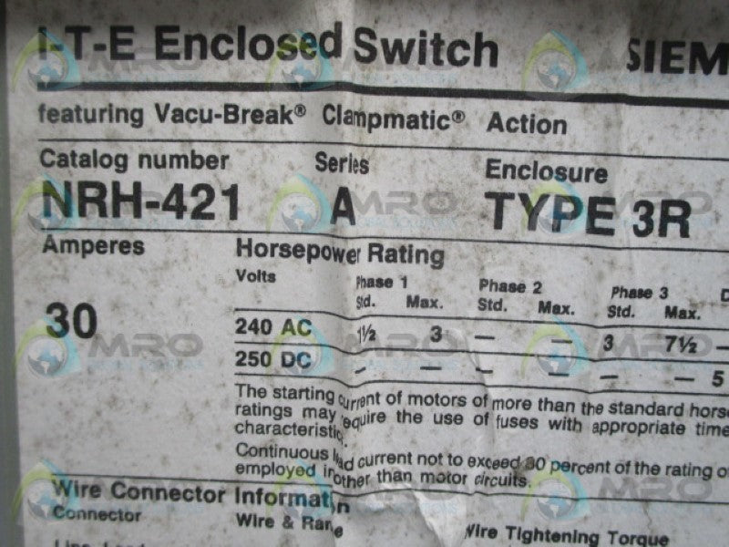 SIEMENS NRH-421 HEAVY DUTY SAFETY SWITCH  UNMP