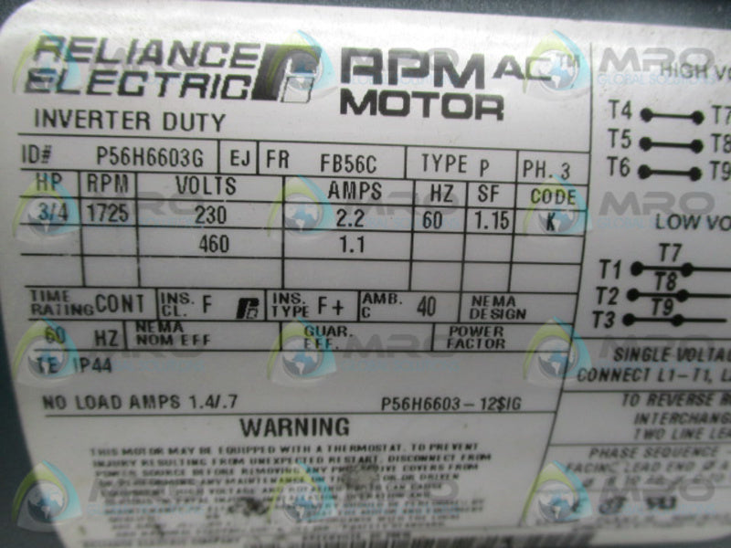 RELIANCE ELECTRIC P56H6603G MOTOR 3/4 HP 1725 RPM  UNMP