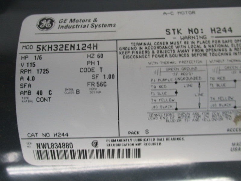 GENERAL ELECTRIC 5KH32EN124H MOTOR 1/6 HP 1725 RPM  UNMP