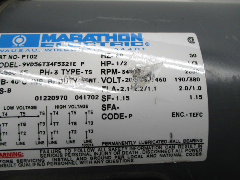 MARATHON ELECTRIC P102 MOTOR 1/2 HP 3450 RPM  UNMP
