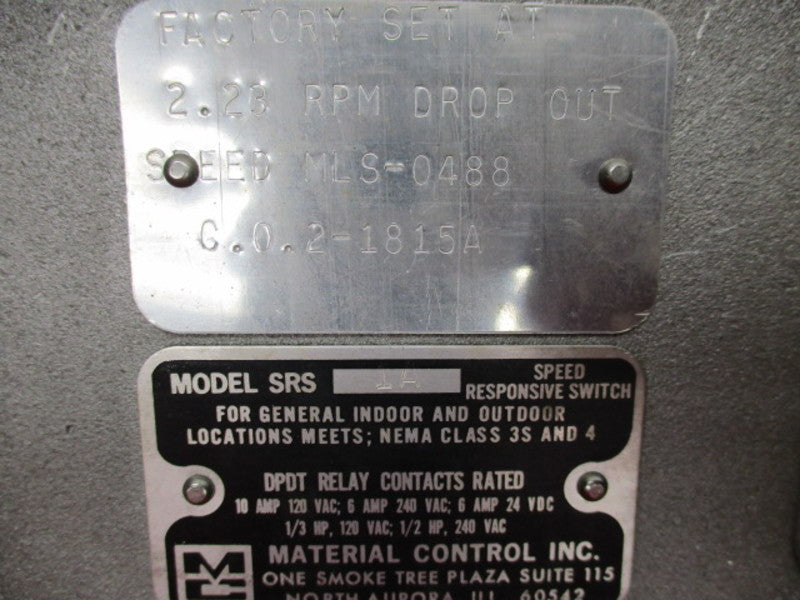 MATERIAL CONTROLS SRS-1A SPEED RESPONSIVE SWITCH 120V  UNMP