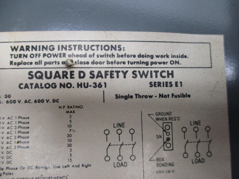 SQUARE D HU361 SAFETY SWITCH  UNMP