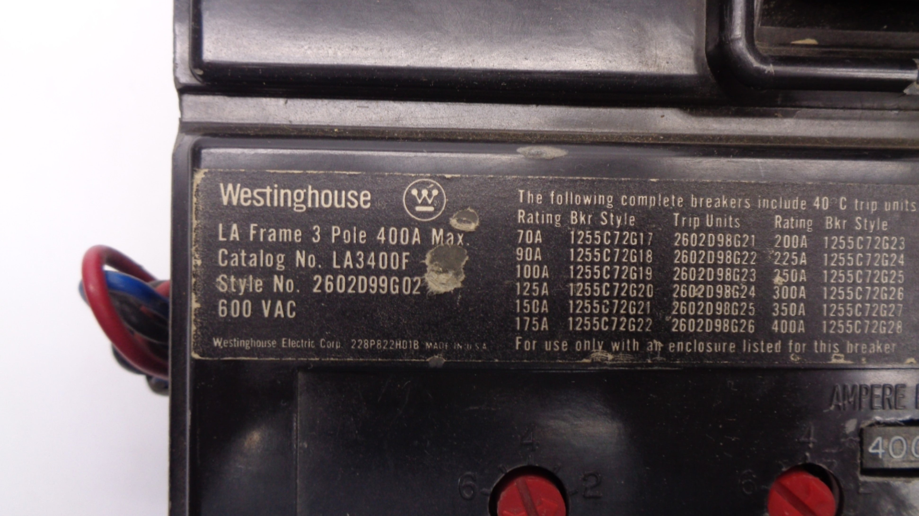 WESTINGHOUSE LA3400F 2602D99G02 600VAC, 400A UNMP