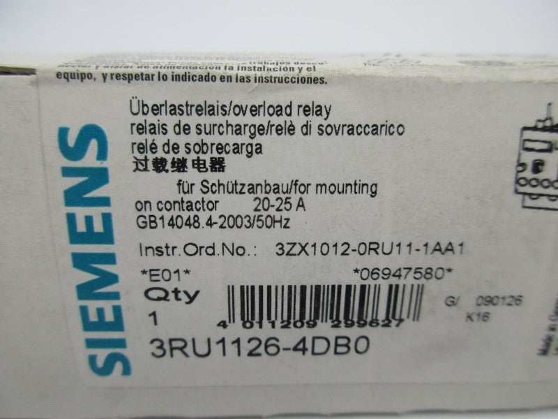 SIEMENS 3RU1126-4DB0 600VAC 20-25A NSMP