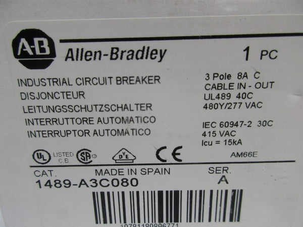 ALLEN BRADLEY 1489-A3C080 SER. A 8A 480Y/277VAC NSMP