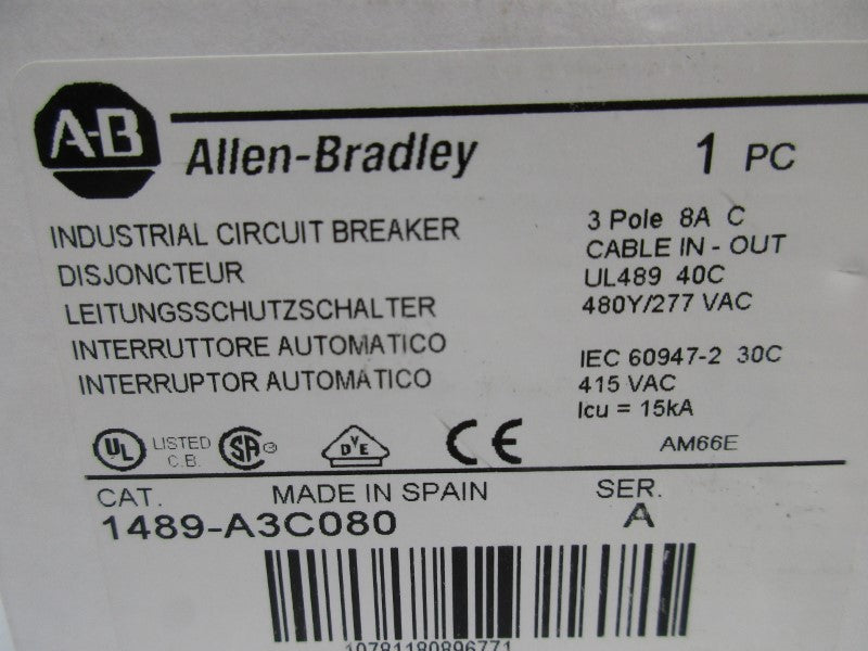 ALLEN BRADLEY 1489-A3C080 SER. A 8A 480Y/277VAC NSMP