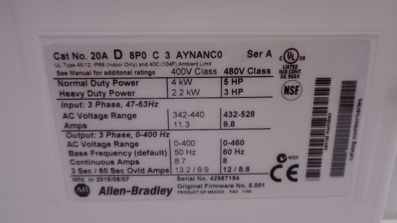 INDUSTRIAL SPARE PART 20AD8P0C3AYNANC0 SER. A F/W 5.001 480VAC 11.3A NSMP