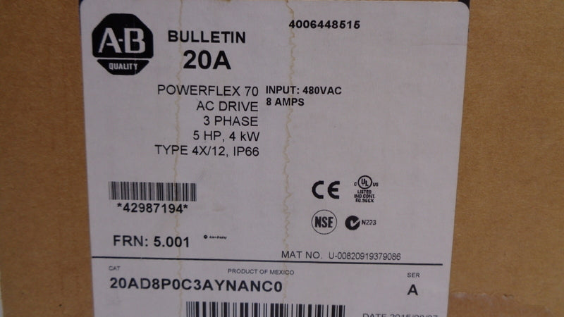 INDUSTRIAL SPARE PART 20AD8P0C3AYNANC0 SER. A F/W 5.001 480VAC 11.3A NSMP