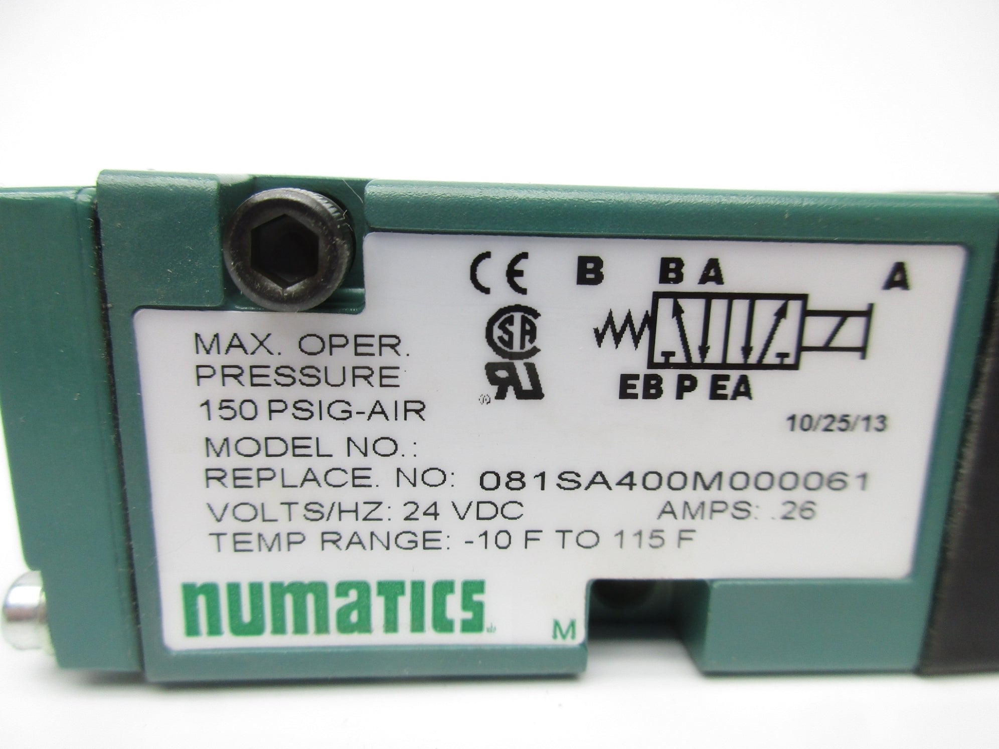 NUMATICS 081SA400M000061 24VDC .26A 150PSI -10-115'F NSNP