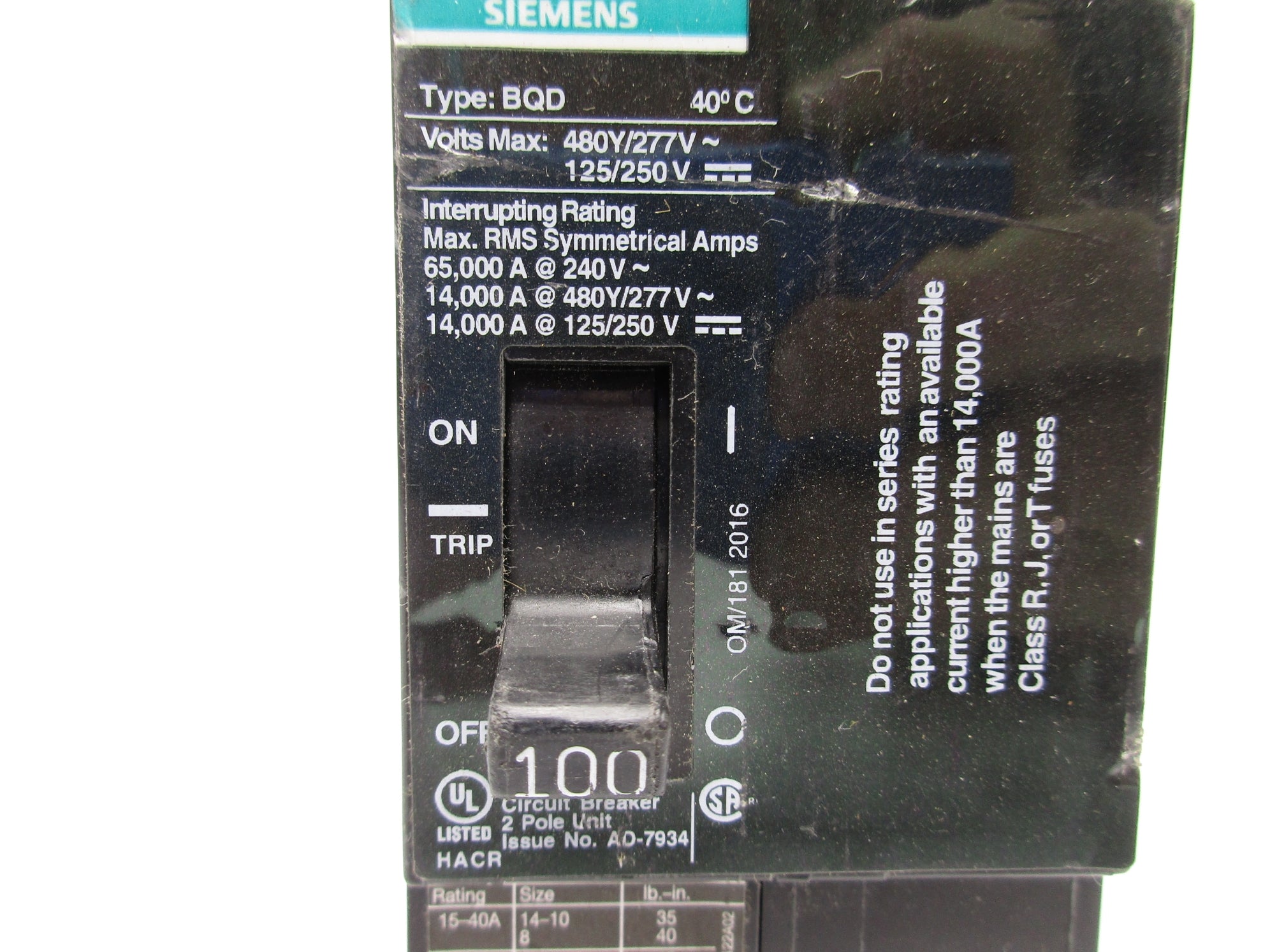 SIEMENS BQD2100 100A 480/277V UNMP