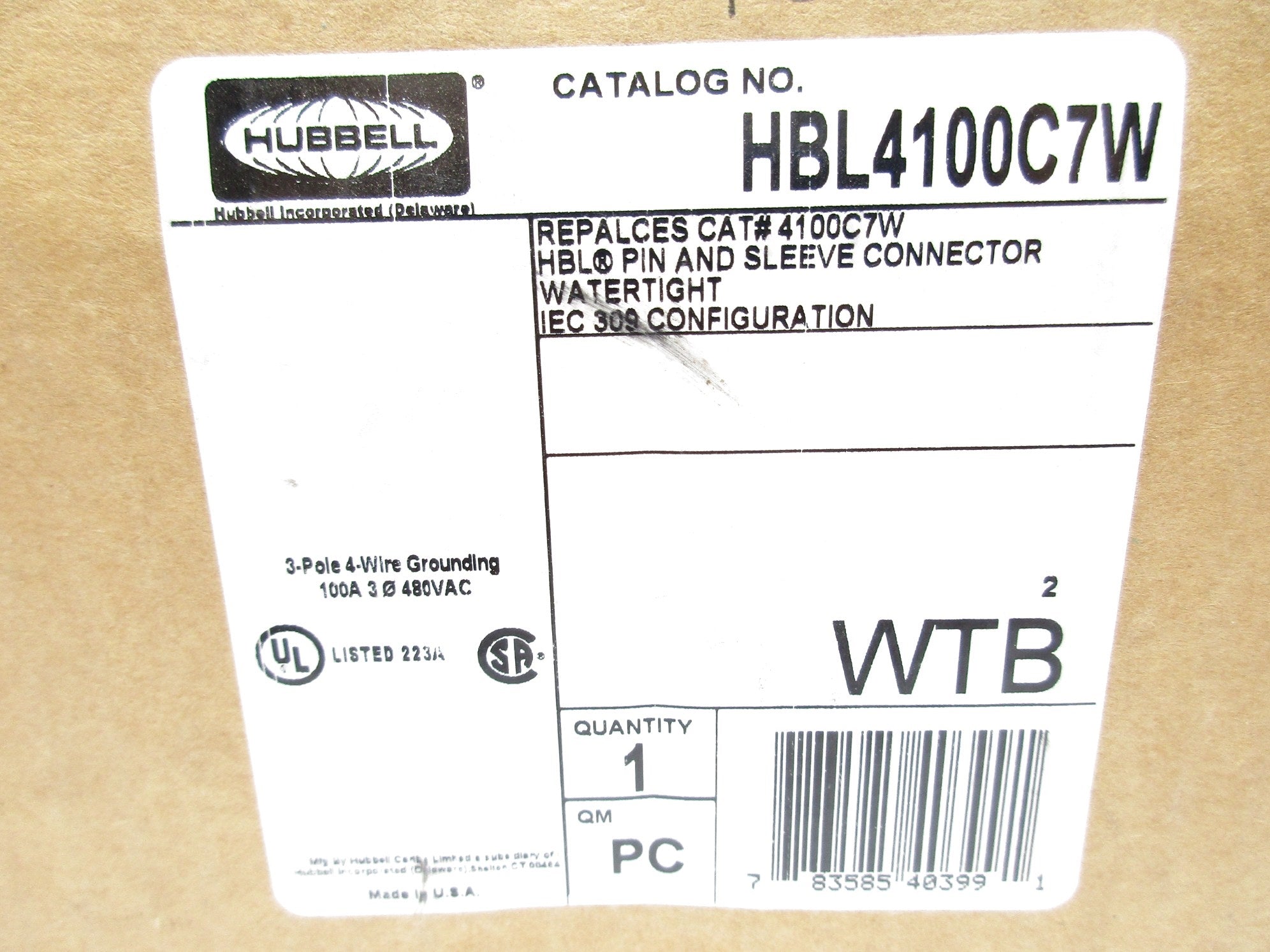 HUBBELL HBL4100C7W 480VAC 100A NSMP
