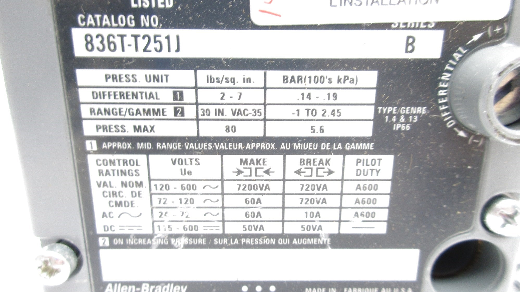 ALLEN BRADLEY 836T-T251J SER. B 120-600VAC 60A 80PSI NSNP