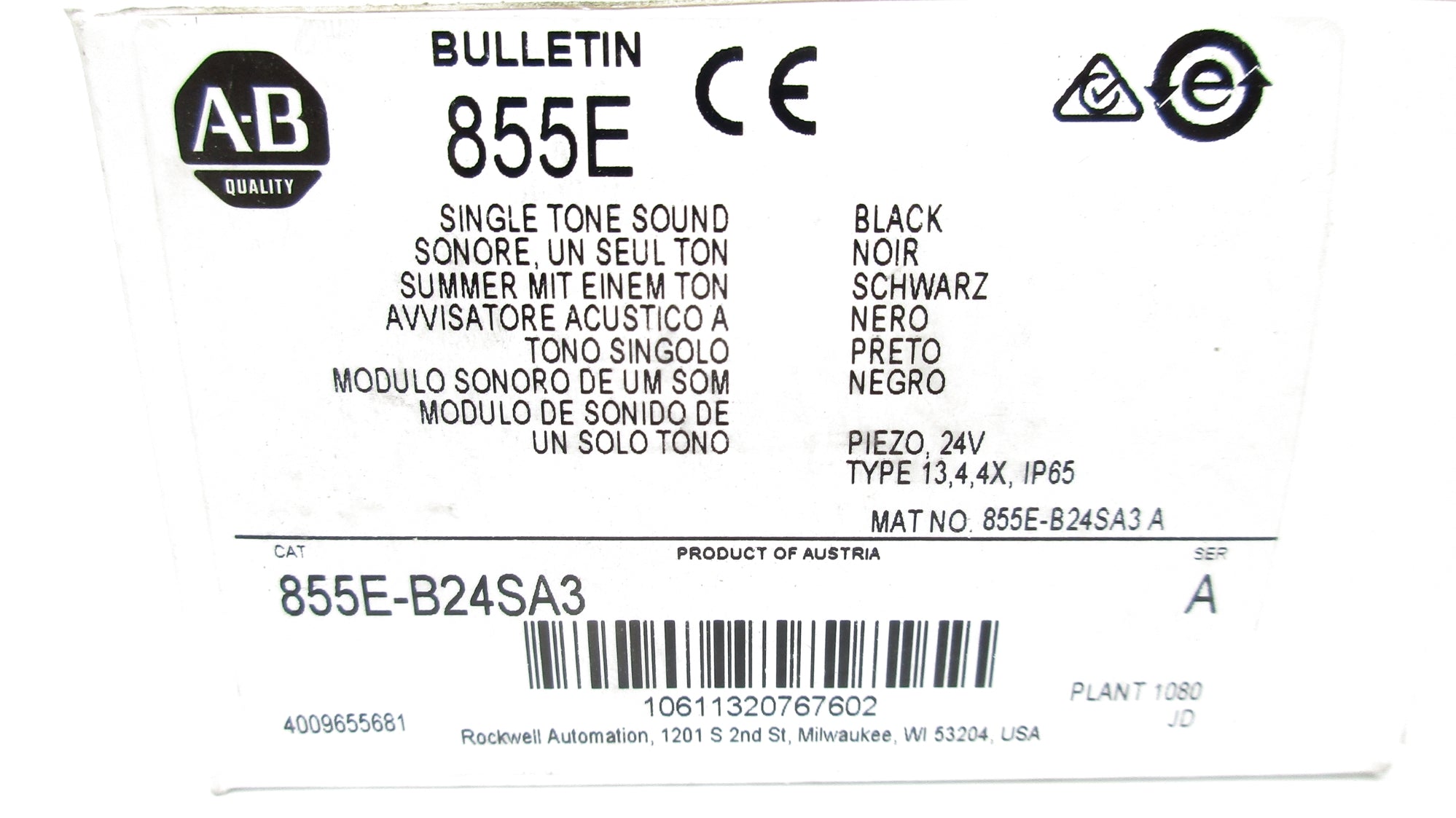 ALLEN BRADLEY 855E-B24SA3 SER. A 24V (WH) NSMP