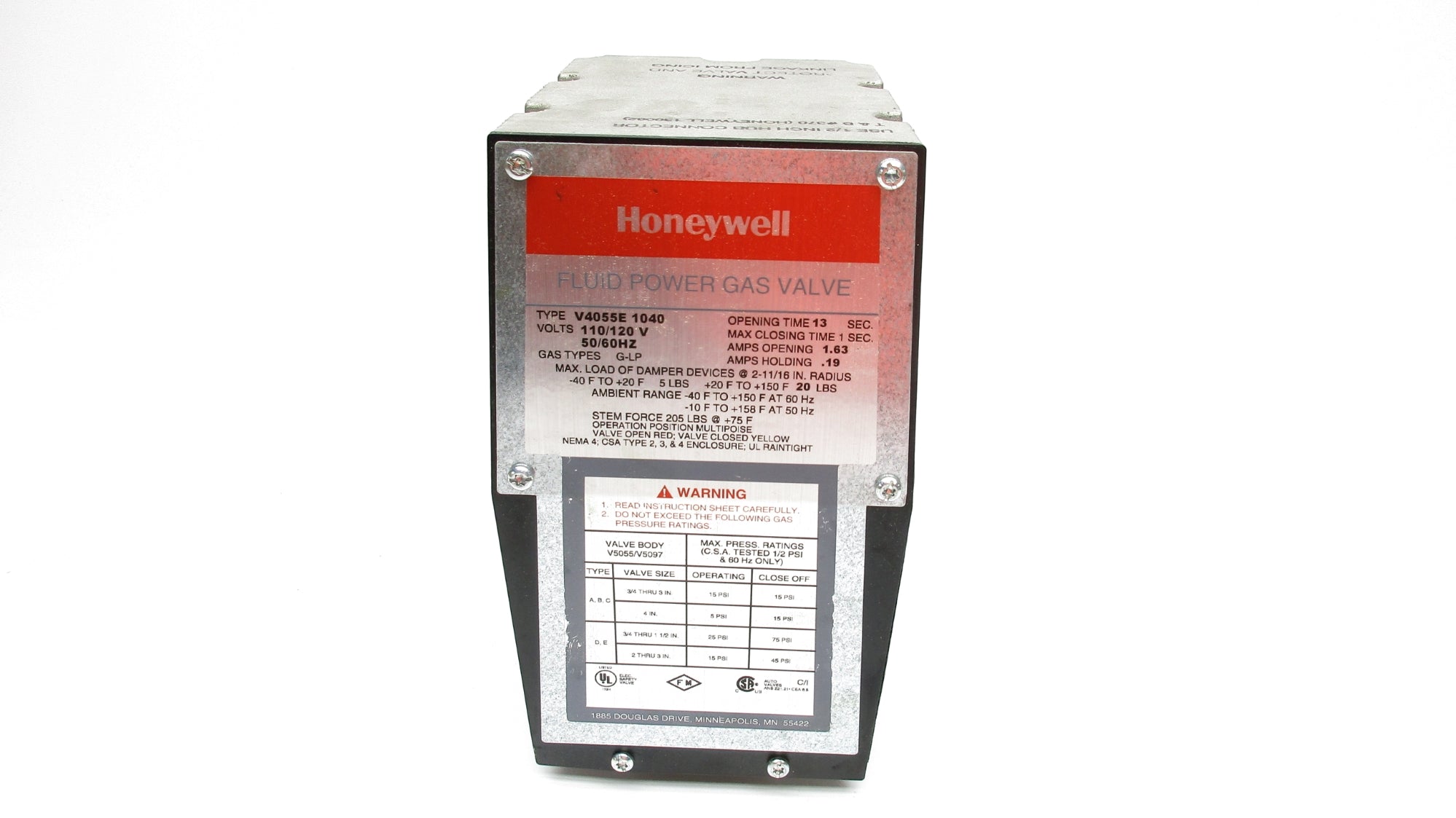 HONEYWELL V4055E1040 110/120V .19/1.63A 13S 25PSI NSMP