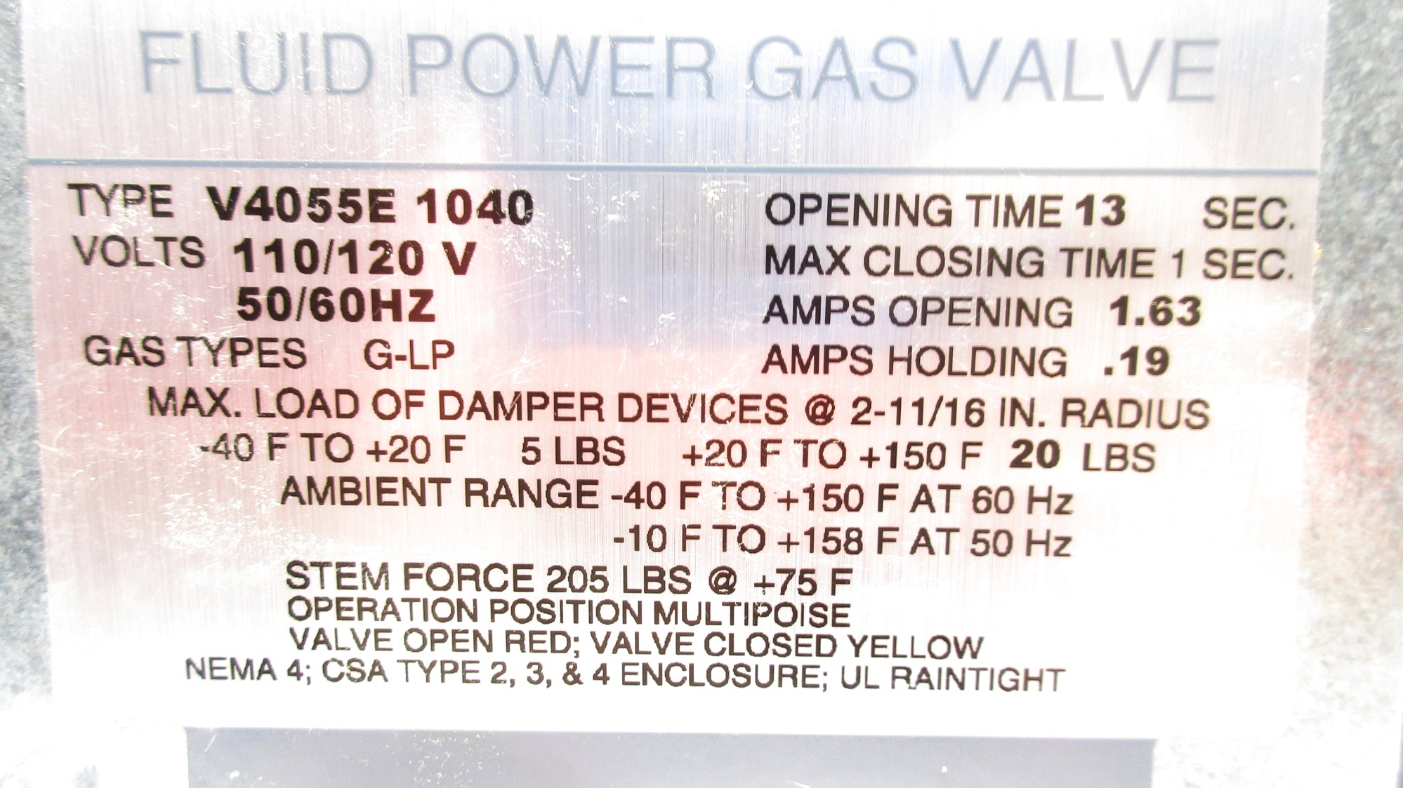 HONEYWELL V4055E1040 110/120V .19/1.63A 13S 25PSI NSMP