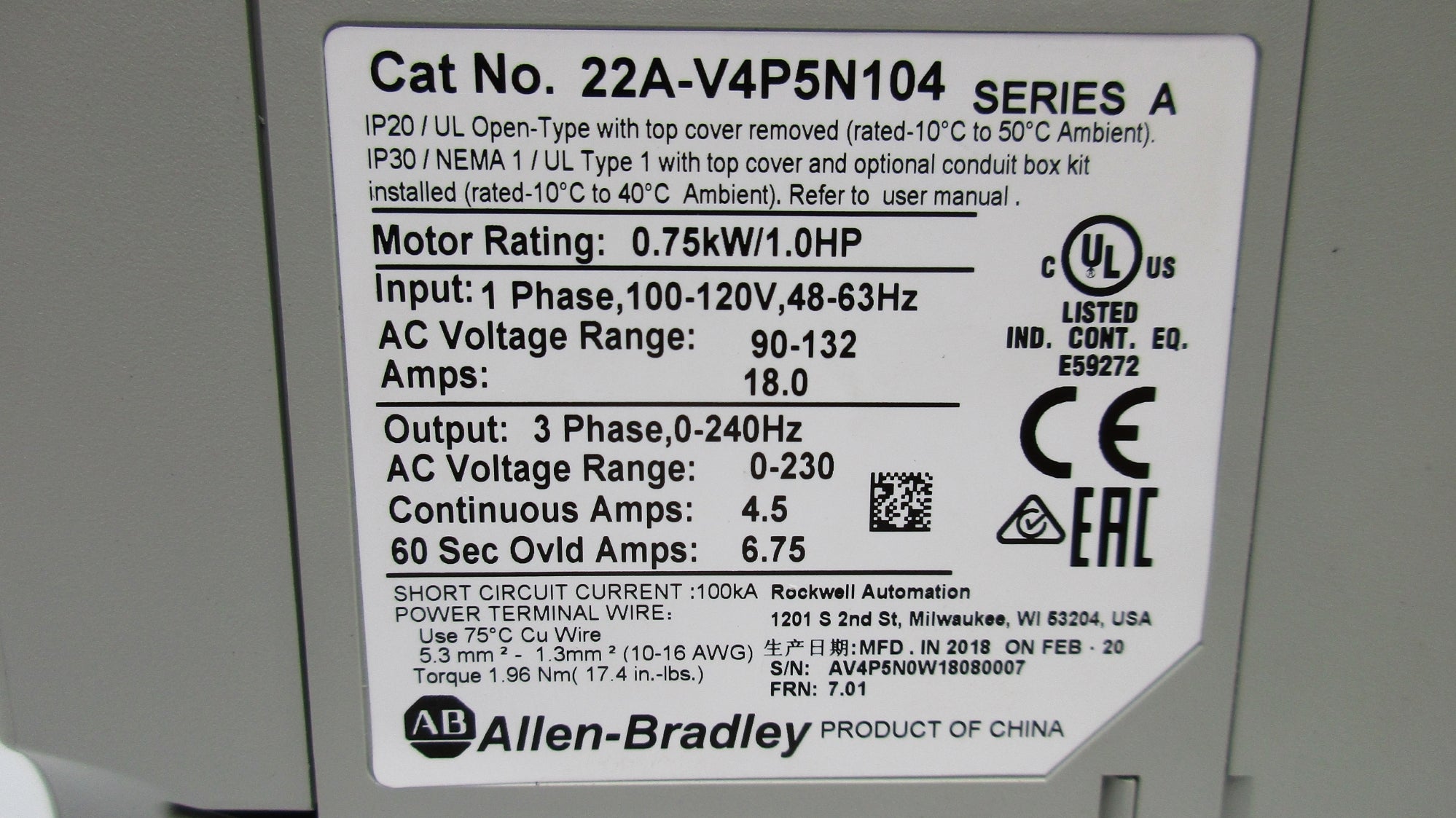 INDUSTRIAL SPARE PART 22A-V4P5N104 SER. A F/W 7.01 100-120V 18.0A NSNP