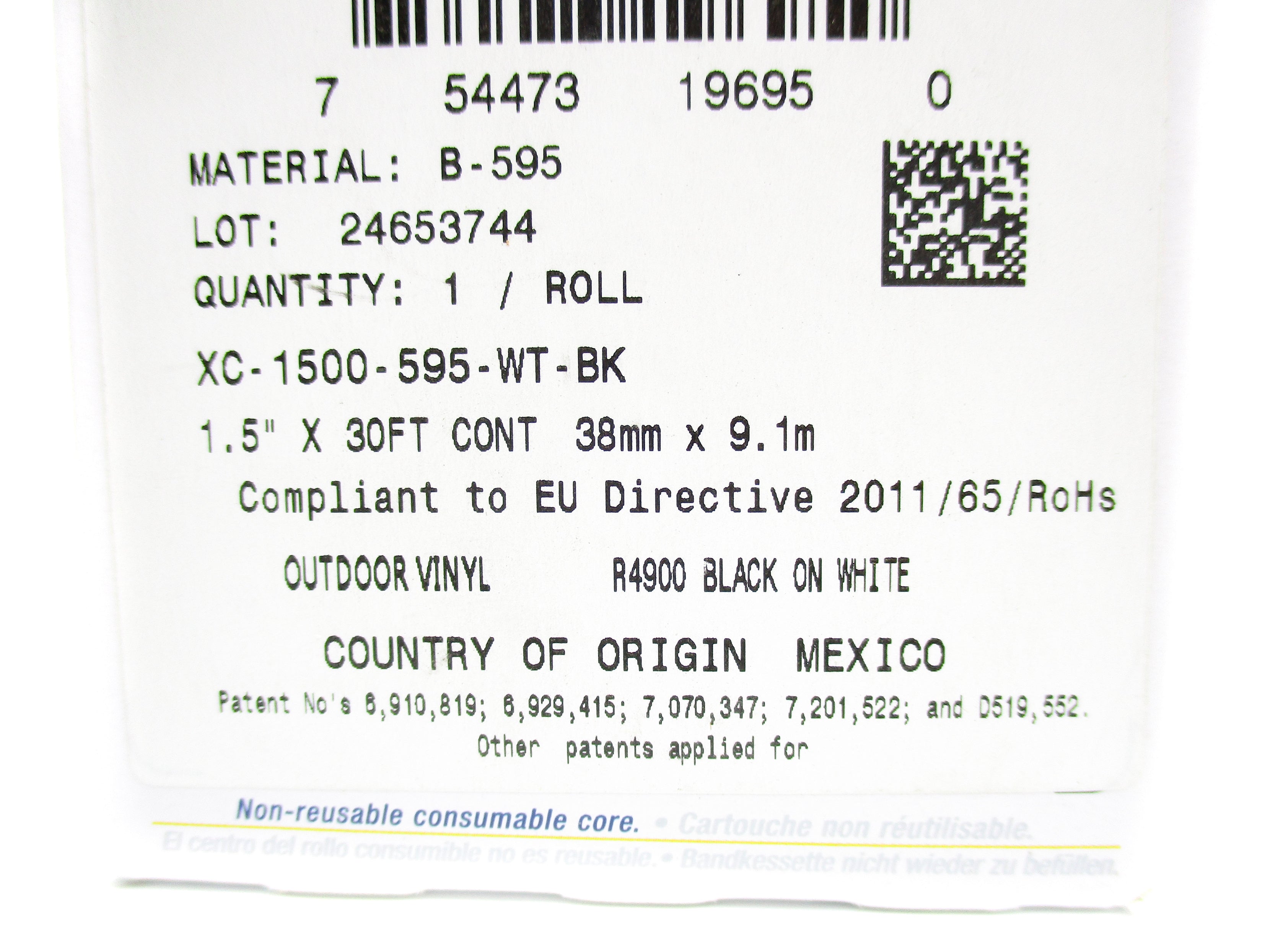 BRADY XC-1500-595-WT-BK NSMP