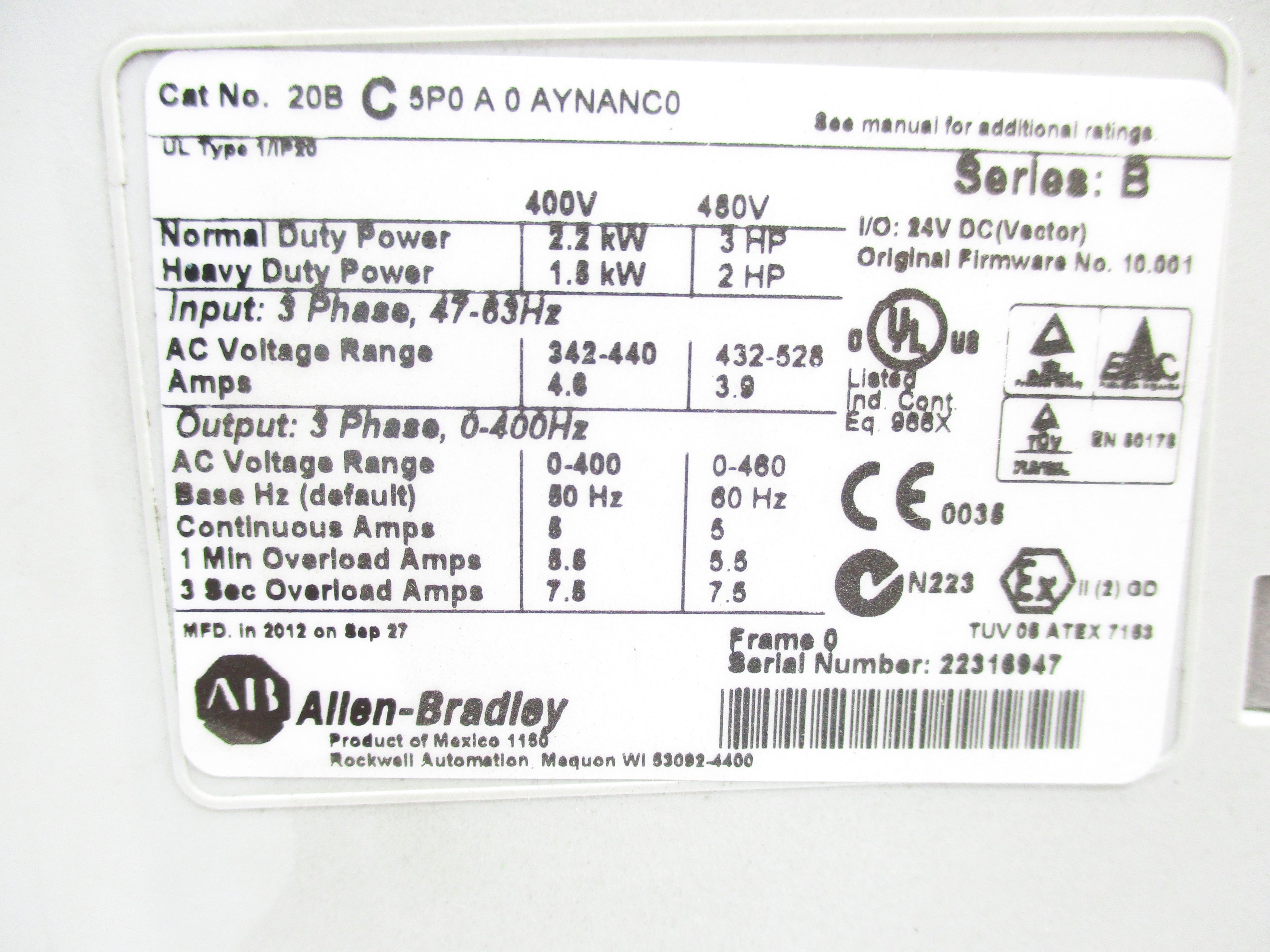 ALLEN BRADLEY 20BC5P0A0AYNANC0 SER. B F/W 10.001 NSNP