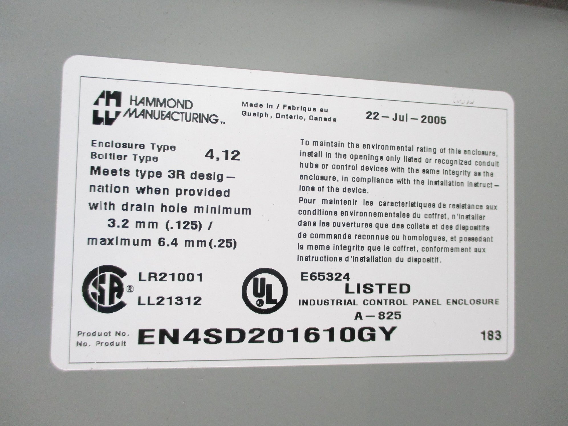 HAMMOND MANUFACTURING EN4SD201610GY NSNP