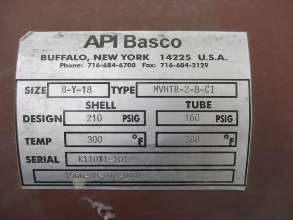 API BASCO 8-Y-18 MVHTR-2B-CI 210PSIG NSNP