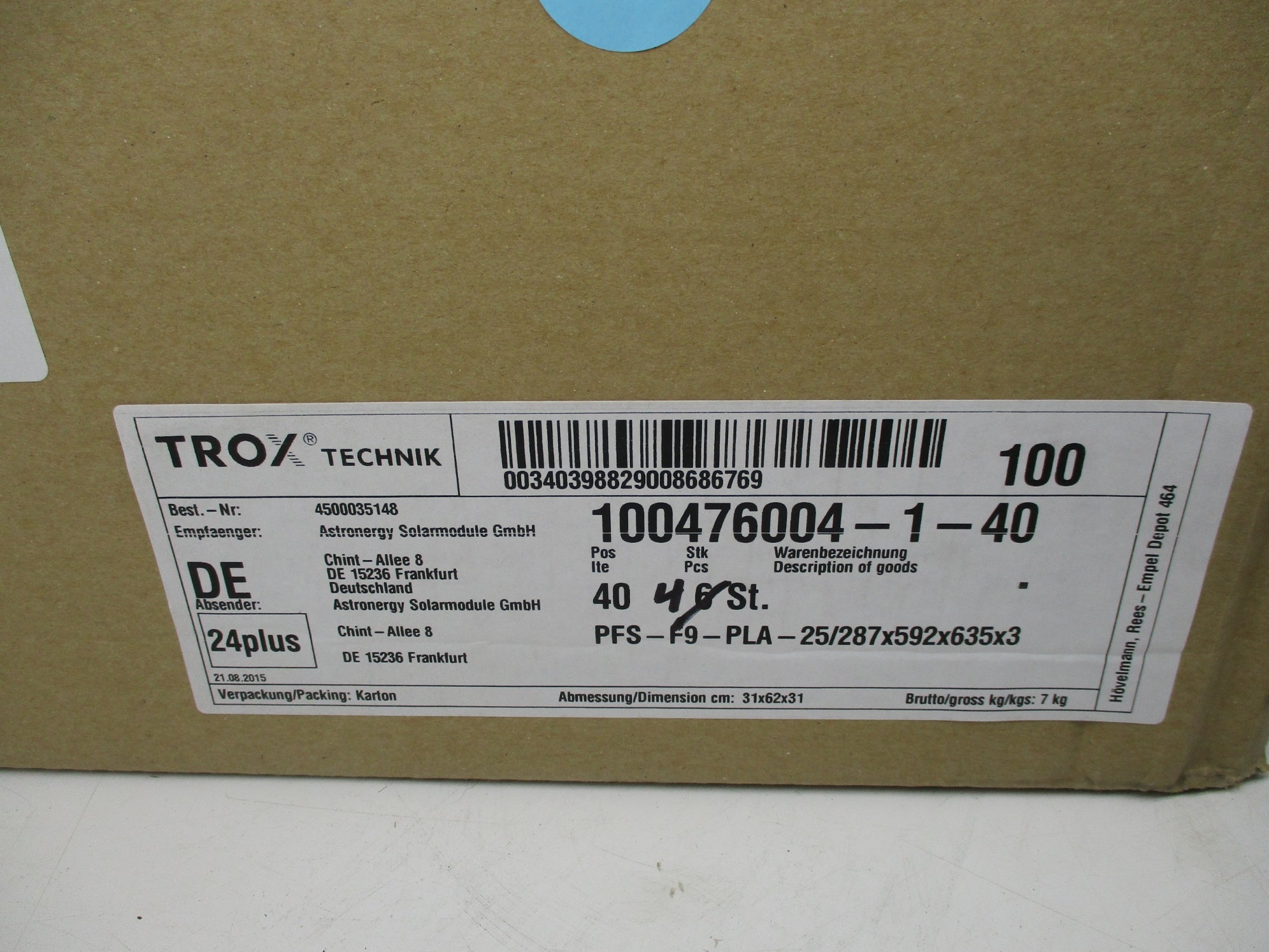 TROX TECHNIK PFS-F9-PLA-25/287x592x635x3 NSNP