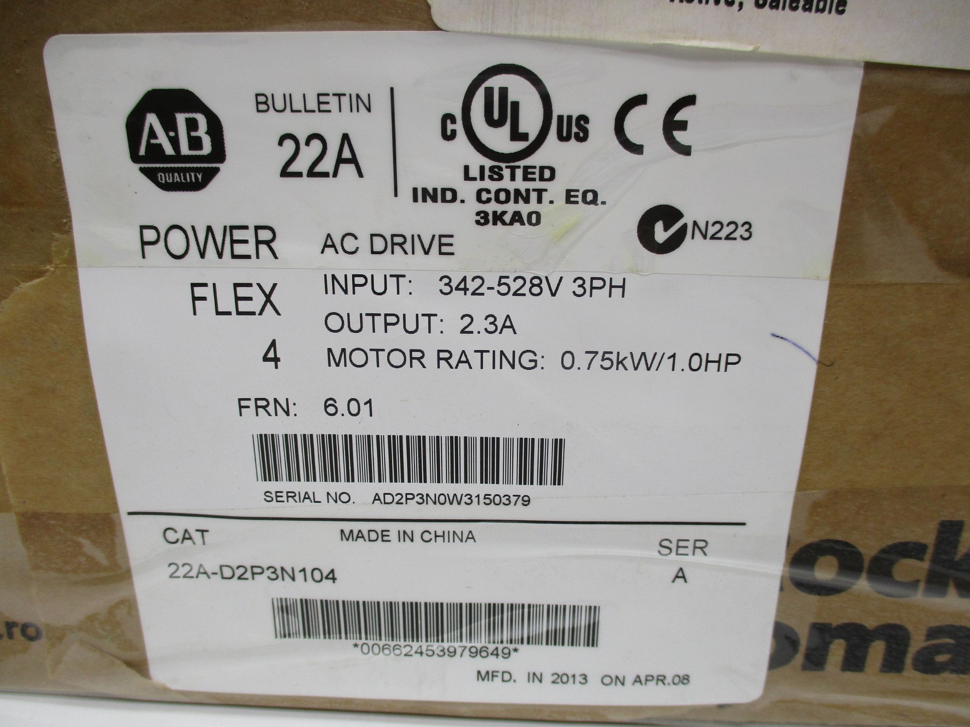 ALLEN BRADLEY 22A-D2P3N104 SER. A F/W 6.01 342-528VAC 3.2A NSMP