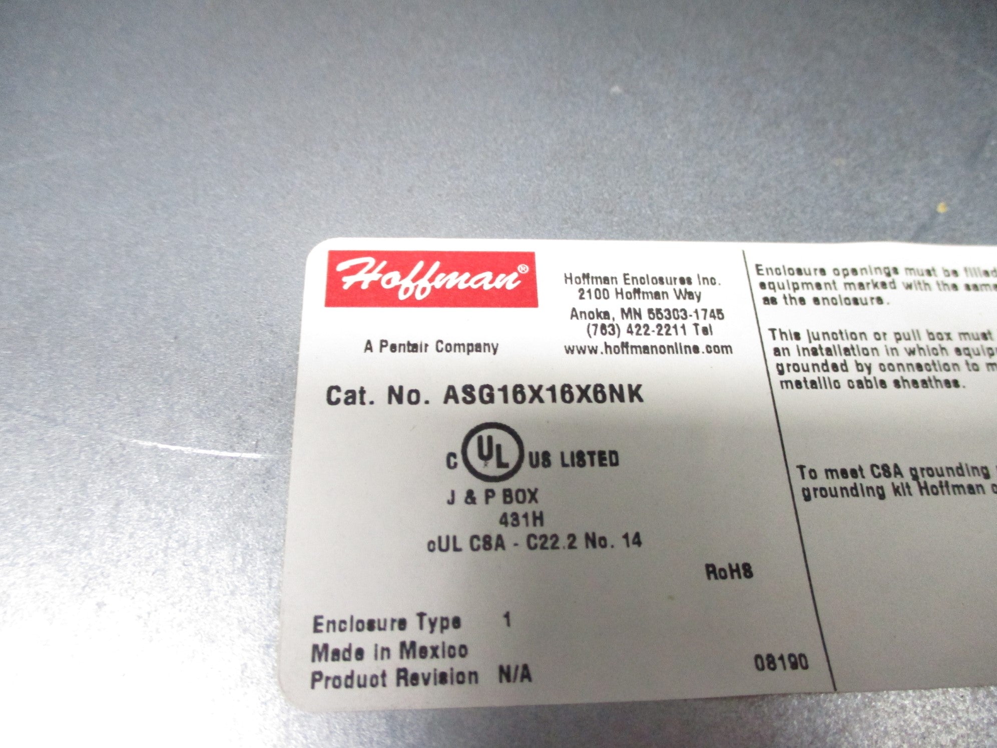 HOFFMAN ASG16X16X6NK NSNP