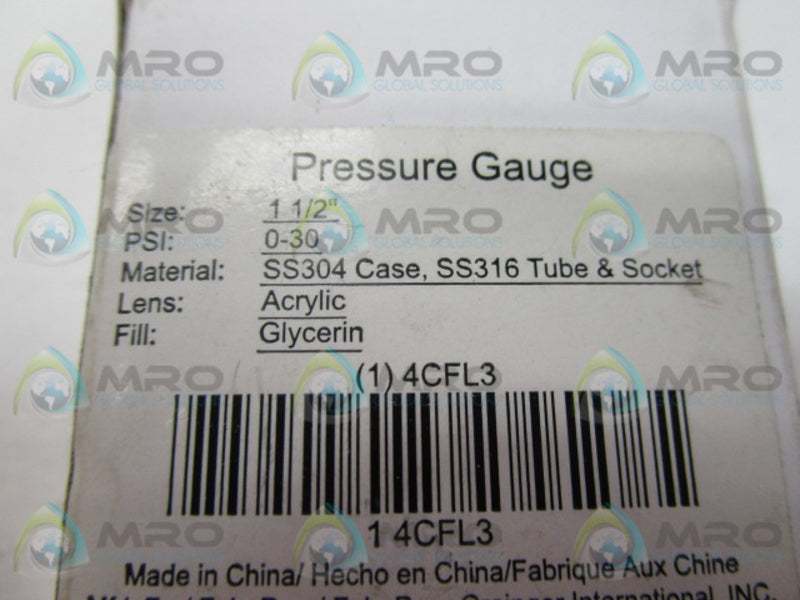 GRAINGER 4CFL3 PRESSURE GAUGE 0-30PSI  NSMP